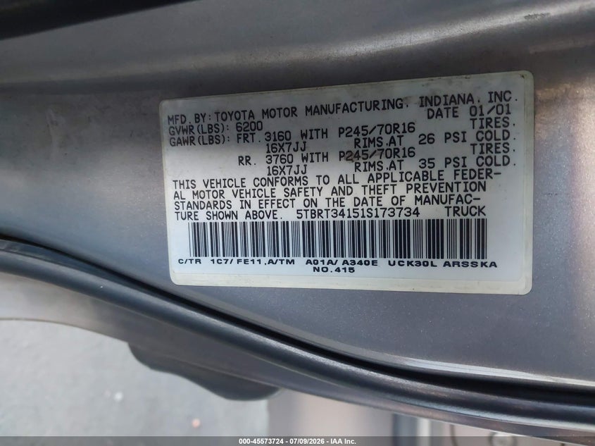 2001 Toyota Tundra VIN 5TBRT34151S173734 IAAI salvage auction — REAR END, Salvage (California), sold $125 on 2026-07-30 (photo 9)