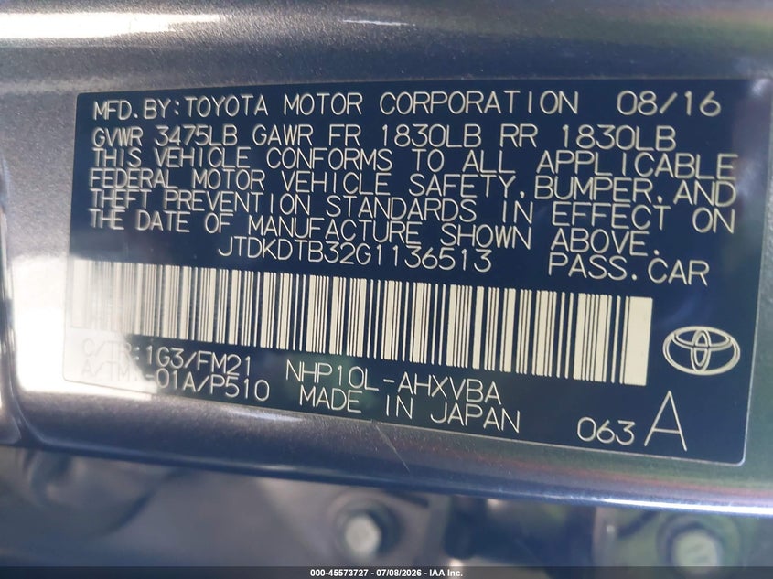 2016 Toyota Prius c VIN JTDKDTB32G1136513 IAAI salvage auction — REAR END, Salvage Certificate (California), sold $4,050 on 2026-07-19 (photo 9)
