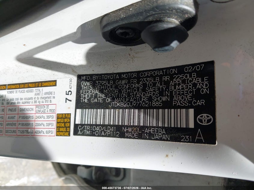 2007 Toyota Prius VIN JTDKB20U977621885 IAAI salvage auction — NORMAL WEAR, Clear - Dealer Only (California), sold $1,825 on 2026-07-16 (photo 9)