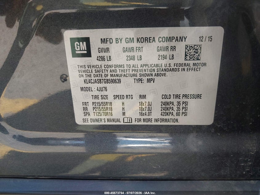 2016 Buick Encore VIN KL4CJASB7GB590639 IAAI salvage auction — NORMAL WEAR, Salvage Title - Dealer (California), sold $825 on 2026-07-28 (photo 9)