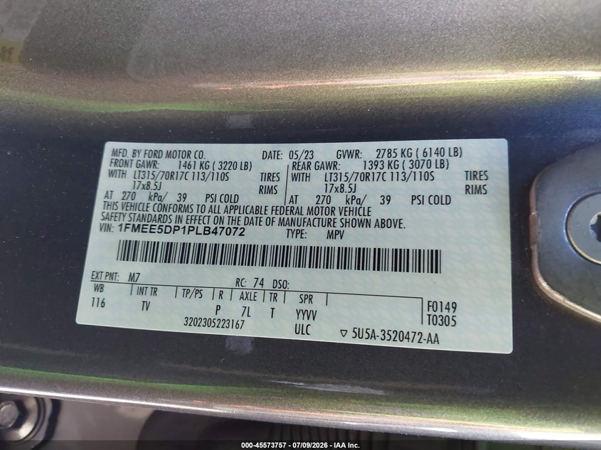 2023 Ford Bronco VIN 1FMEE5DP1PLB47072 IAAI salvage auction — REAR END, Bill Of Sale (Washington), sold $20,200 on 2026-07-21 (photo 9)