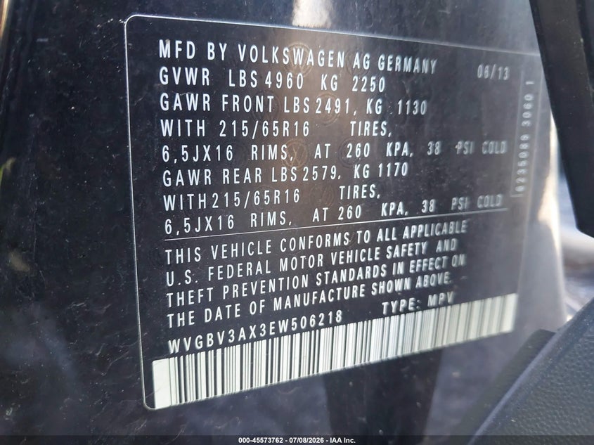 2014 Volkswagen Tiguan VIN WVGBV3AX3EW506218 IAAI salvage auction — NORMAL WEAR, Clear (New York), sold $400 on 2026-07-30 (photo 9)