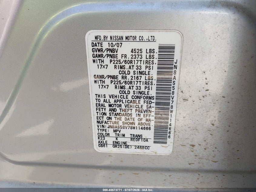 2008 Nissan Rogue VIN JN8AS58V78W114666 IAAI salvage auction — NORMAL WEAR, Clear (Washington), sold $325 on 2026-07-29 (photo 9)