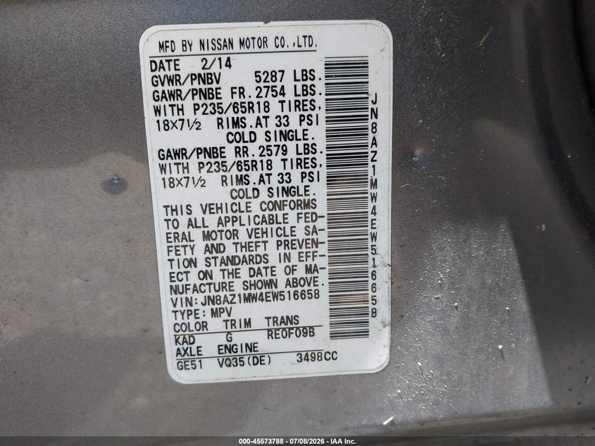 2014 Nissan Murano VIN JN8AZ1MW4EW516658 IAAI salvage auction — NORMAL WEAR, Clear (New Jersey), sold $700 on 2026-07-20 (photo 9)