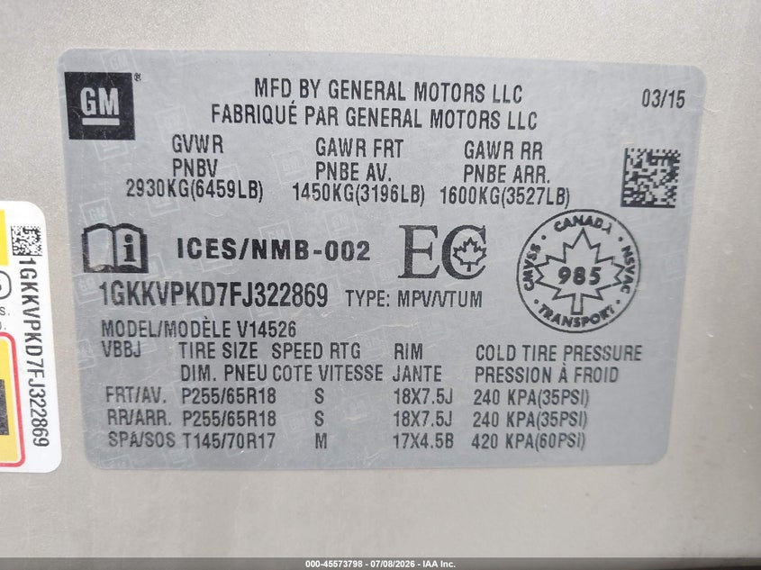 2015 Gmc Acadia VIN 1GKKVPKD7FJ322869 IAAI salvage auction — HAIL, Wait Title, sold $2,750 on 2026-09-27 (photo 9)