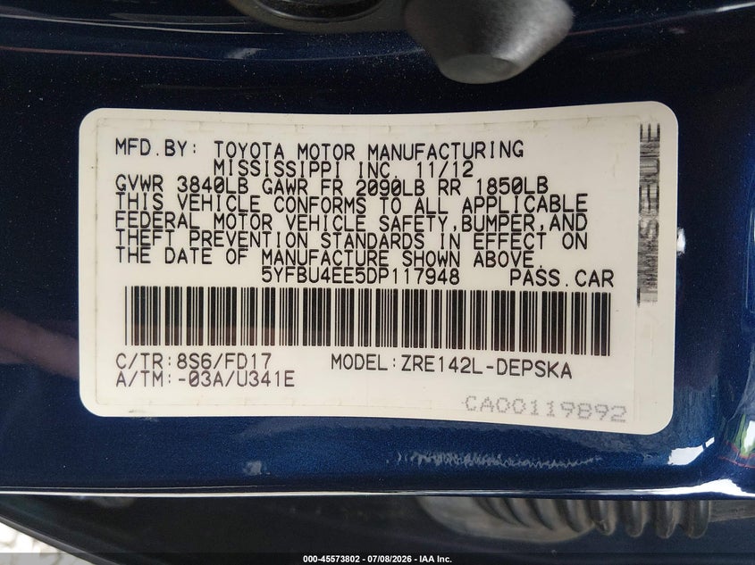 2013 Toyota Corolla VIN 5YFBU4EE5DP117948 IAAI salvage auction — RIGHT REAR, Bill Of Sale (Washington), sold $3,250 on 2026-07-29 (photo 9)