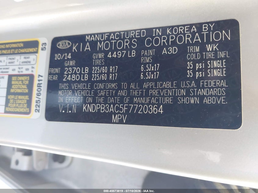 2015 Kia Sportage VIN KNDPB3AC5F7720364 IAAI salvage auction — NORMAL WEAR, Clear (North Carolina), sold $25 on 2026-07-20 (photo 9)