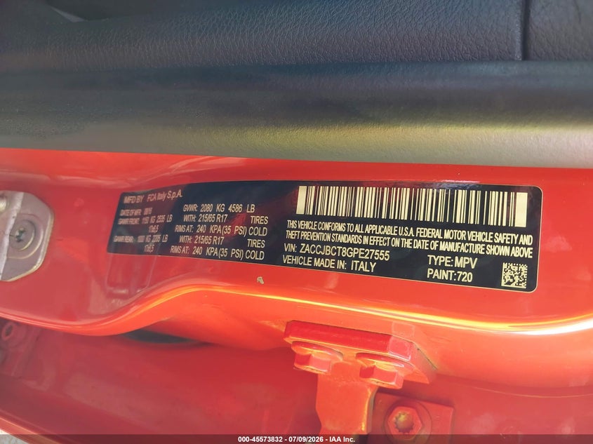2016 Jeep Renegade VIN ZACCJBCT8GPE27555 IAAI salvage auction — RIGHT FRONT, Wait Title, sold $1,450 on 2026-08-19 (photo 9)