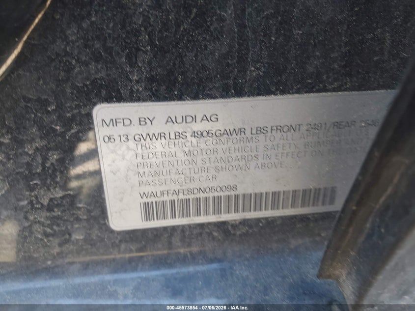 2013 Audi A4 VIN WAUFFAFL8DN050098 IAAI salvage auction — UNKNOWN, Clear (Washington), sold $1,650 on 2026-08-01 (photo 9)