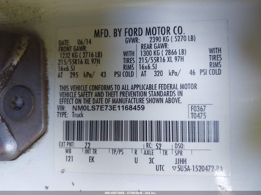 2014 Ford Transit VIN NM0LS7E73E1168459 IAAI salvage auction — FRONT END, Salvage (California), sold $3,200 on 2026-07-28 (photo 9)