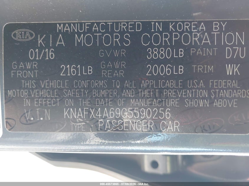 2016 Kia Forte VIN KNAFX4A69G5590256 IAAI salvage auction — REAR END, Salvage (California), sold $475 on 2026-07-29 (photo 9)