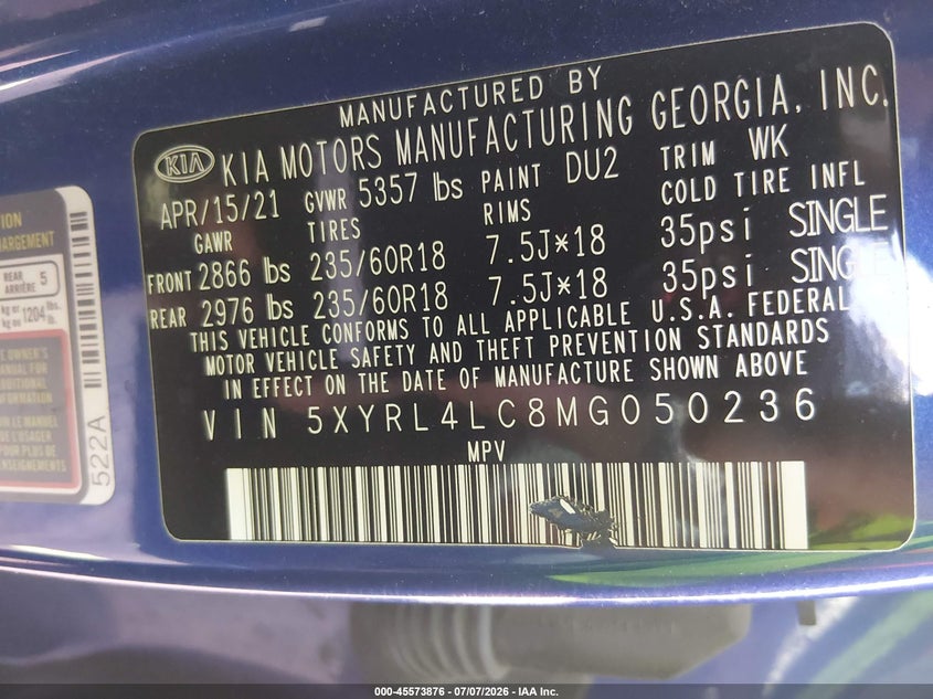 2021 Kia Sorento VIN 5XYRL4LC8MG050236 IAAI salvage auction — REAR END, Salvage Title, sold $6,200 on 2026-07-20 (photo 9)