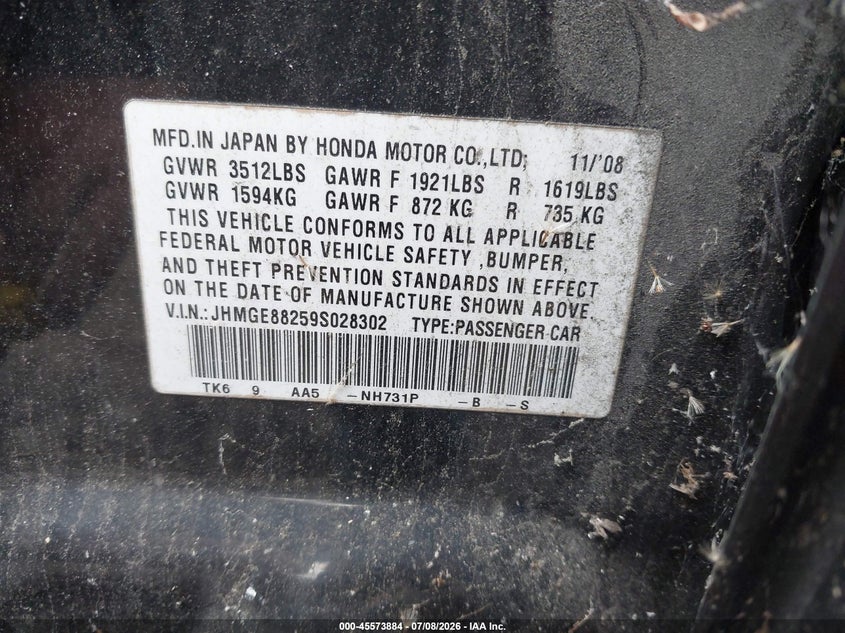 2009 Honda Fit VIN JHMGE88259S028302 IAAI salvage auction — NORMAL WEAR, Clear (District Of Columbia), sold $625 on 2026-07-22 (photo 9)