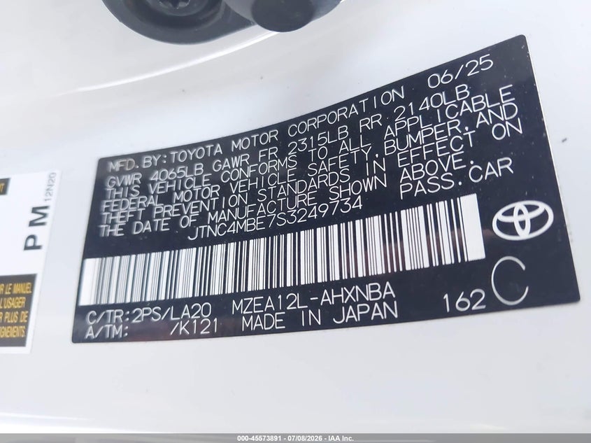 2025 Toyota Corolla VIN JTNC4MBE7S3249734 IAAI salvage auction — LEFT SIDE, Salvage Title, sold $5,700 on 2026-07-29 (photo 9)
