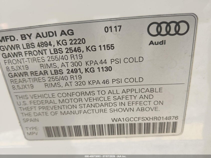 2017 Audi Q3 VIN WA1GCCFSXHR014876 IAAI salvage auction — NORMAL WEAR, Clear - Dealer Only (California), sold $4,200 on 2026-07-28 (photo 9)