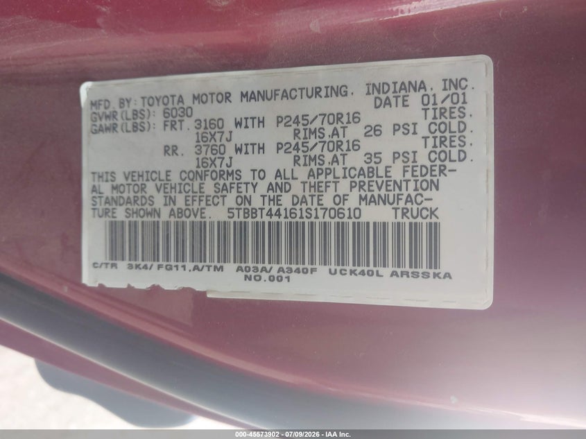 2001 Toyota Tundra VIN 5TBBT44161S170610 IAAI salvage auction — NORMAL WEAR, Clear (Colorado), sold $1,700 on 2026-07-15 (photo 9)