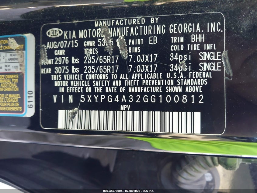 2016 Kia Sorento VIN 5XYPG4A32GG100812 IAAI salvage auction — NORMAL WEAR, Original (Texas), sold $375 on 2026-07-28 (photo 9)