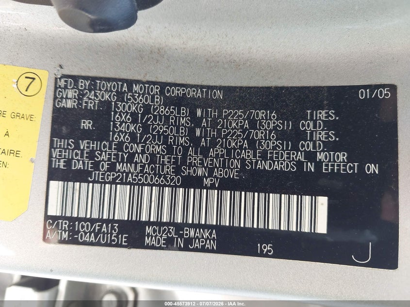 2005 Toyota Highlander VIN JTEGP21A550066320 IAAI salvage auction — NORMAL WEAR, Clear - Dealer Only (California), sold $875 on 2026-07-15 (photo 9)