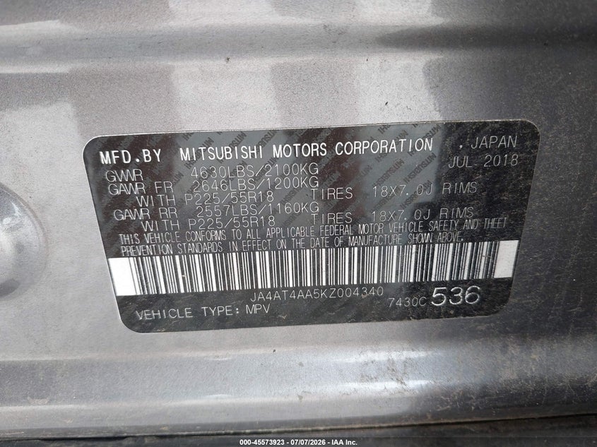 2019 Mitsubishi Eclipse cross VIN JA4AT4AA5KZ004340 IAAI salvage auction — NORMAL WEAR, Clear (Alabama), sold $3,375 on 2026-07-27 (photo 9)