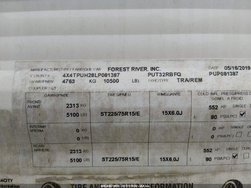 2020 Forest river Puma VIN 4X4TPUH28LP081387 IAAI salvage auction — Unknown, Clear (Louisiana), sold $7,300 on 2026-09-09 (photo 9)
