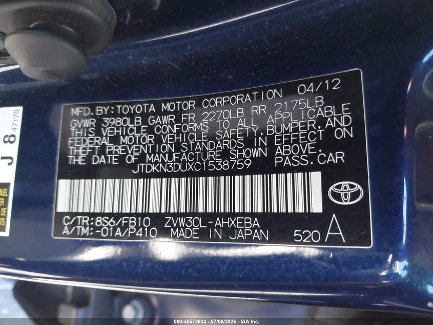 2012 Toyota Prius VIN JTDKN3DUXC1538759 IAAI salvage auction — FRONT END, Salvage Certificate (California), sold $875 on 2026-07-17 (photo 9)
