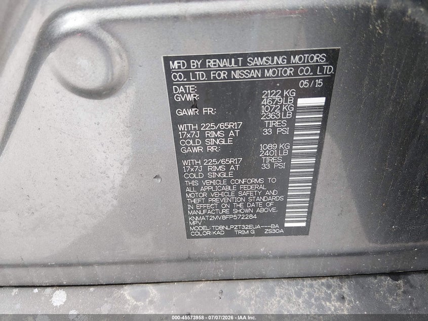 2015 Nissan Rogue VIN KNMAT2MV8FP572284 IAAI salvage auction — NORMAL WEAR, Clear (Massachusetts), sold $1,000 on 2026-07-22 (photo 9)
