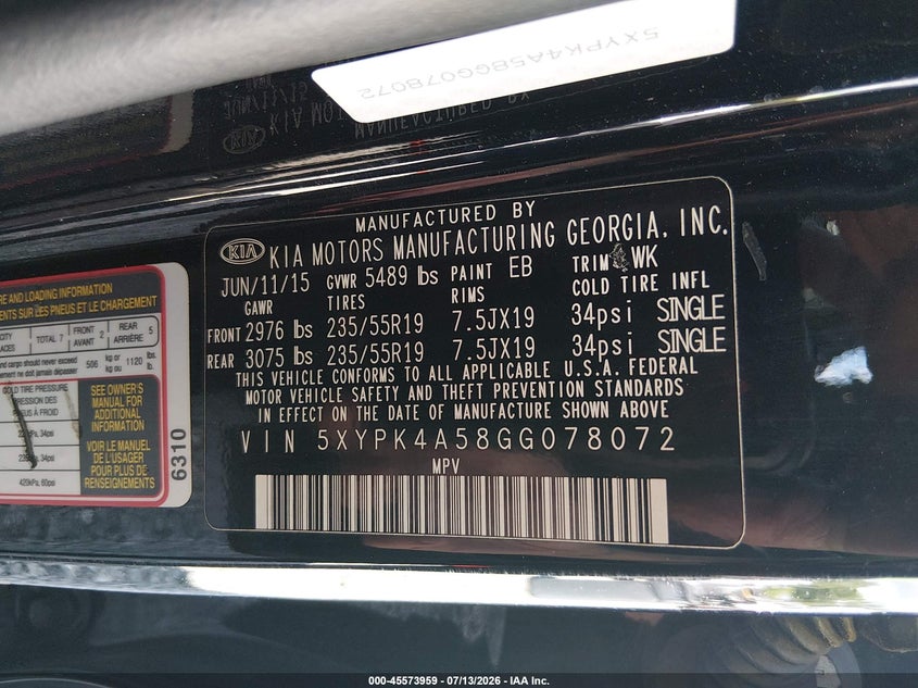 2016 Kia Sorento VIN 5XYPK4A58GG078072 IAAI salvage auction — FRONT & REAR, Salvage Title, sold $1,150 on 2026-07-29 (photo 9)