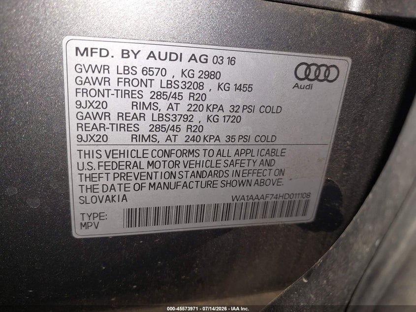 2017 Audi Q7 VIN WA1AAAF74HD011108 IAAI salvage auction — REAR END, Salvage (Arizona), sold $2,950 on 2026-07-28 (photo 9)