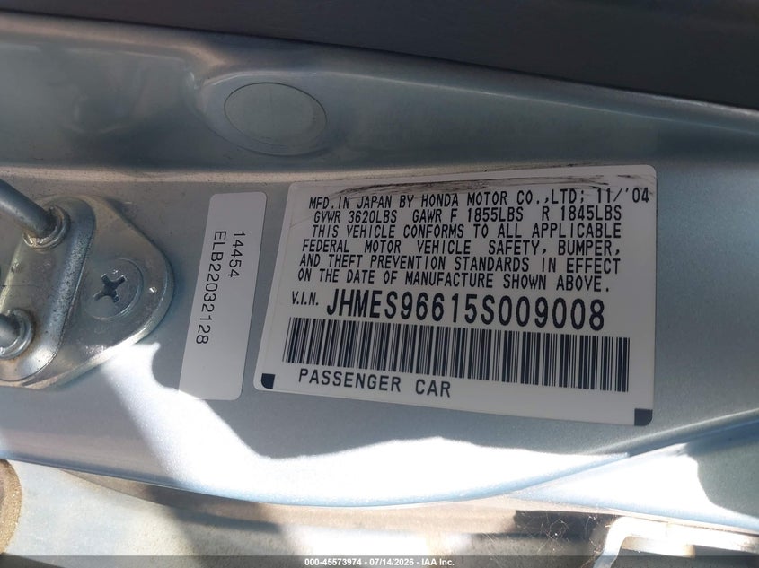 2005 Honda Civic hybrid VIN JHMES96615S009008 IAAI salvage auction — NORMAL WEAR, Clear - Dealer Only (California), sold $175 on 2026-07-28 (photo 9)