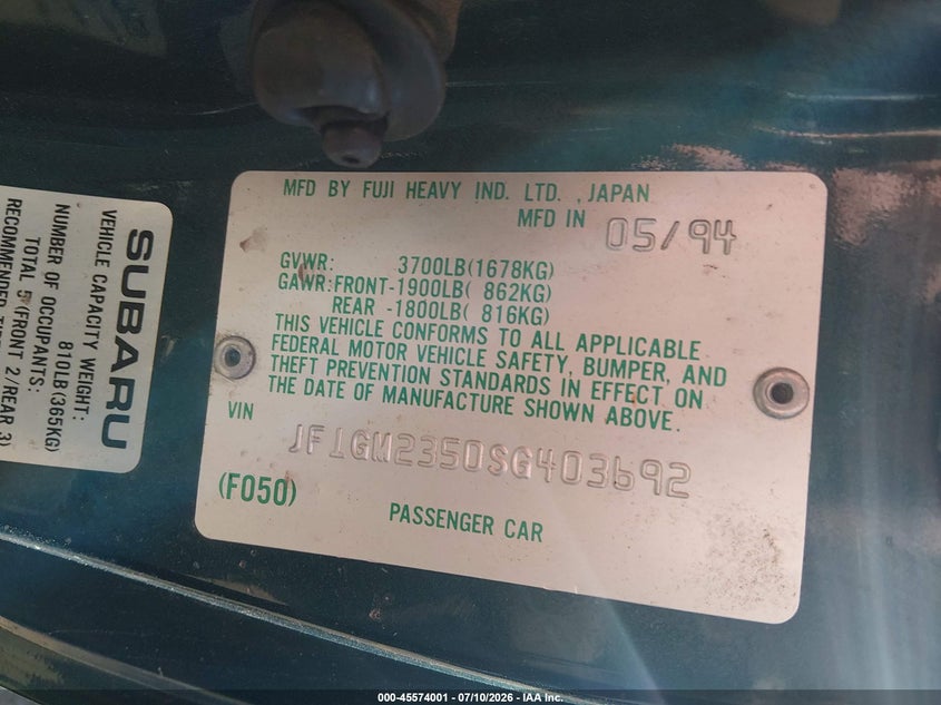 1995 Subaru Impreza VIN JF1GM2350SG403692 IAAI salvage auction — REAR END, Clear (Colorado), sold $300 on 2026-07-21 (photo 9)