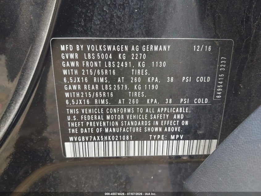 2017 Volkswagen Tiguan VIN WVGBV7AX5HK021081 IAAI salvage auction — NORMAL WEAR, Salvage Title, sold $1,600 on 2026-07-27 (photo 9)