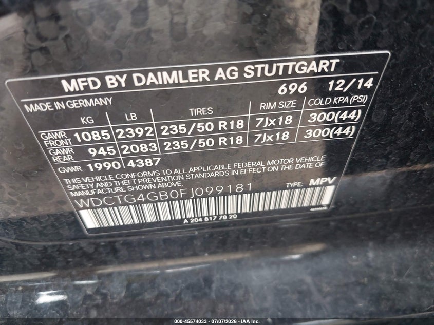 2015 Mercedes-benz Gla-klasse VIN WDCTG4GB0FJ099181 IAAI salvage auction — NORMAL WEAR, Clear (Indiana), sold $1,150 on 2026-07-29 (photo 9)