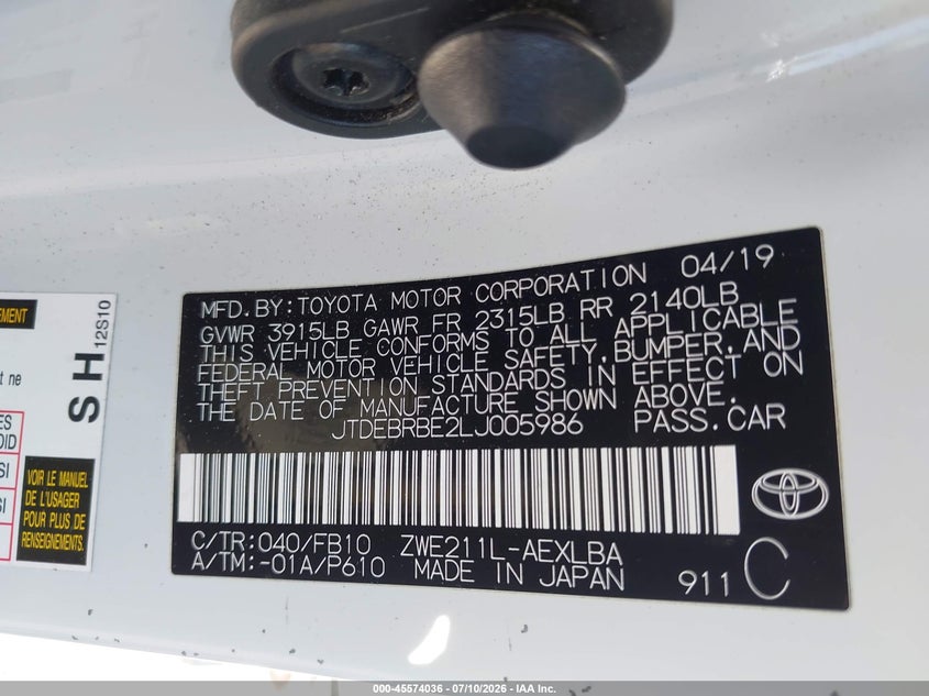 2020 Toyota Corolla VIN JTDEBRBE2LJ005986 IAAI salvage auction — REAR END, Wait Title, sold $6,950 on 2026-07-31 (photo 9)