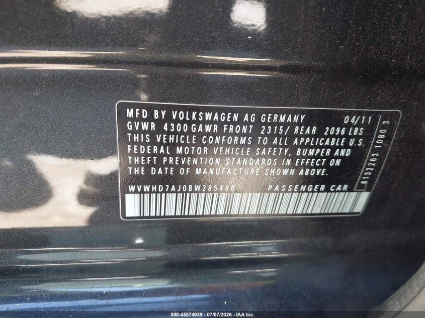 2011 Volkswagen Gti VIN WVWHD7AJ0BW285466 IAAI salvage auction — NORMAL WEAR, Clear - Dealer Only (California), sold $1,400 on 2026-07-19 (photo 9)