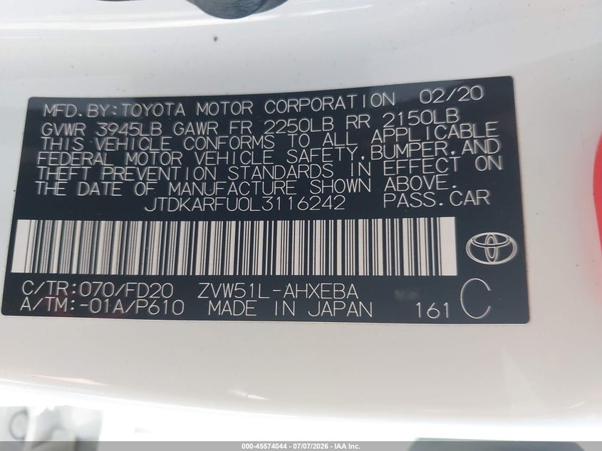 2020 Toyota Prius VIN JTDKARFU0L3116242 IAAI salvage auction — FRONT END, Salvage Title, sold $3,750 on 2026-07-22 (photo 9)