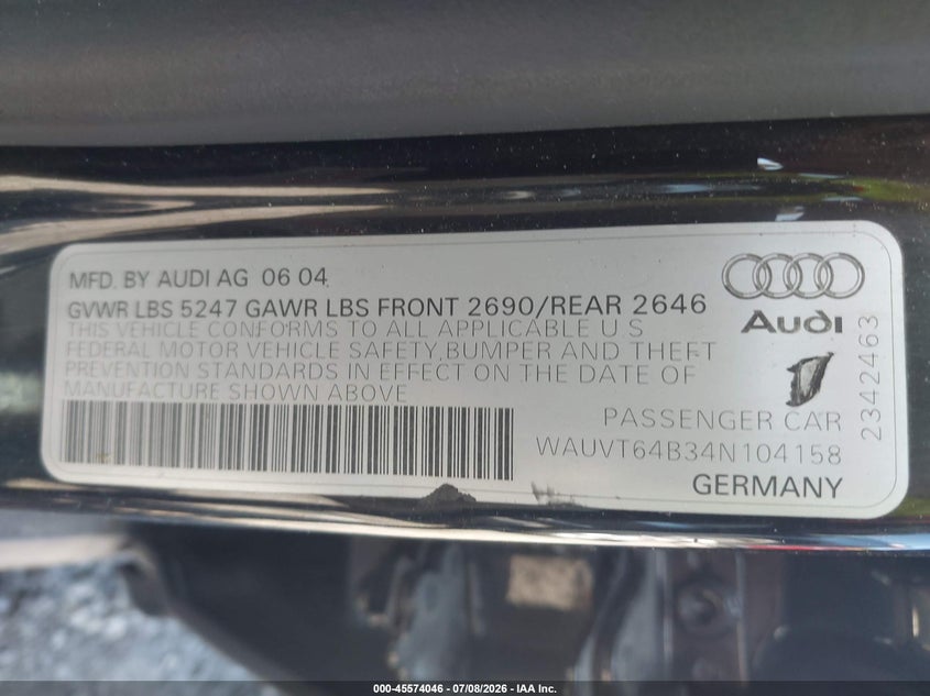 2004 Audi A6 VIN WAUVT64B34N104158 IAAI salvage auction — NORMAL WEAR, Clear (New York), sold $300 on 2026-07-14 (photo 9)