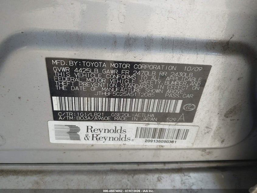 2010 Lexus Is 250 VIN JTHBF5C25A5112085 IAAI salvage auction — NORMAL WEAR, Clear (Florida), sold $475 on 2026-07-28 (photo 9)