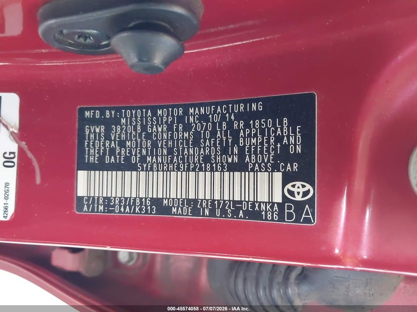 2015 Toyota Corolla VIN 5YFBURHE9FP218163 IAAI salvage auction — RIGHT FRONT, Bill Of Sale (Washington), sold $2,350 on 2026-07-25 (photo 9)