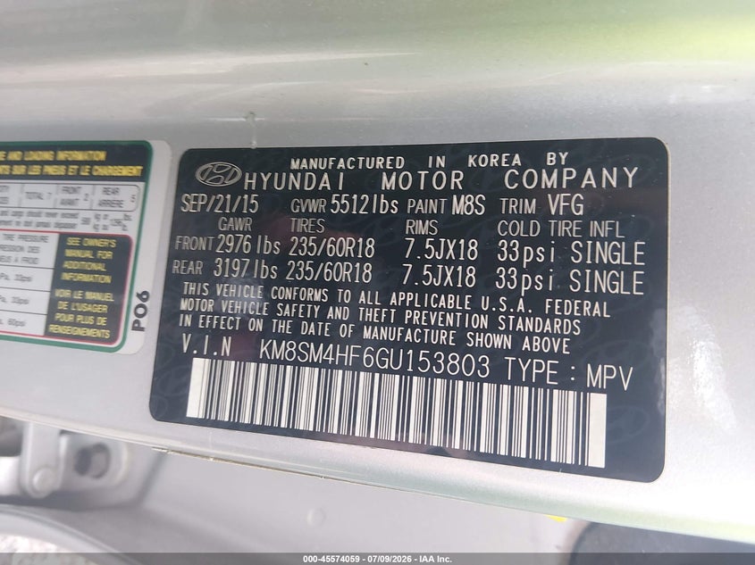 2016 Hyundai Santa fe VIN KM8SM4HF6GU153803 IAAI salvage auction — NORMAL WEAR, Clear (Virginia), sold $1,300 on 2026-07-14 (photo 9)