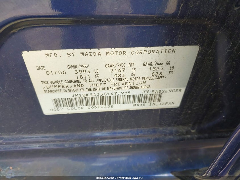 2006 Mazda 3 VIN JM1BK343361477985 IAAI salvage auction — NORMAL WEAR, Clear (Wisconsin), sold $275 on 2026-07-14 (photo 9)