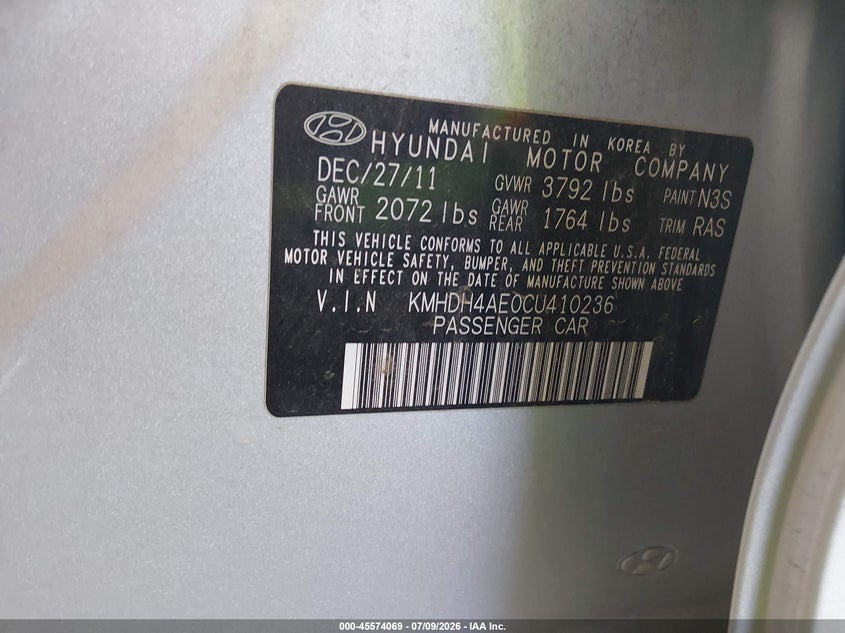 2012 Hyundai Elantra VIN KMHDH4AE0CU410236 IAAI salvage auction — FRONT & REAR, Salvage (Arizona), sold $875 on 2026-07-28 (photo 9)