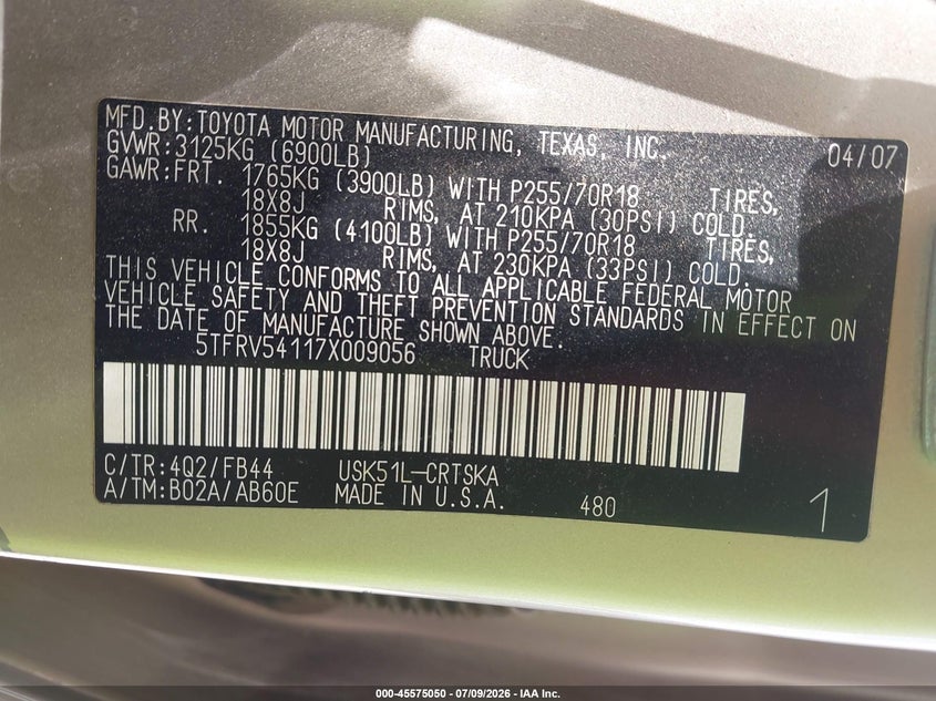 2007 Toyota Tundra VIN 5TFRV54117X009056 IAAI salvage auction — NORMAL WEAR, Original (Texas), sold $3,800 on 2026-07-29 (photo 9)