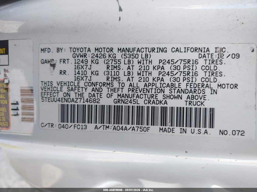 2010 Toyota Tacoma VIN 5TEUU4EN0AZ714682 IAAI salvage auction — RIGHT SIDE, Clear (New York), sold $1,800 on 2026-07-09 (photo 9)