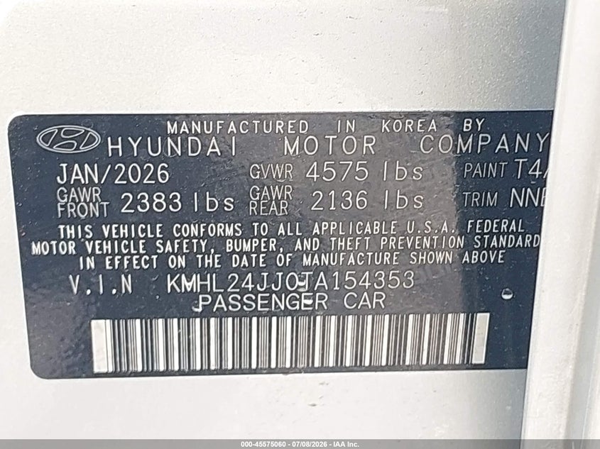 2026 Hyundai Sonata VIN KMHL24JJ0TA154353 IAAI salvage auction — REAR END, Enterprise Vehicles Clear Only (Florida), sold $12,800 on 2026-07-16 (photo 9)