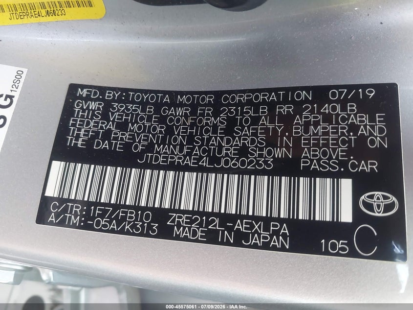 2020 Toyota Corolla VIN JTDEPRAE4LJ060233 IAAI salvage auction — FRONT END, Salvage (Ohio), sold $3,850 on 2026-07-28 (photo 9)