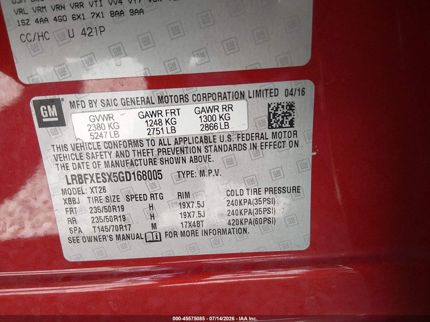 2016 Buick Envision VIN LRBFXESX5GD168005 IAAI salvage auction — SIDE, Salvage (Kentucky), sold $3,550 on 2026-07-31 (photo 9)