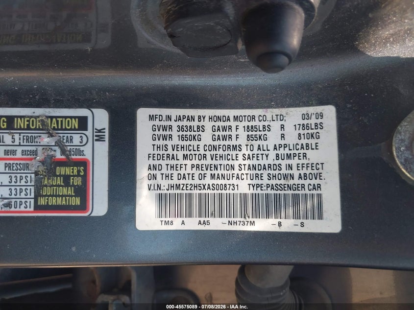 2010 Honda Insight VIN JHMZE2H5XAS008731 IAAI salvage auction — FRONT END, Salvage (Ohio), sold $25 on 2026-07-28 (photo 9)