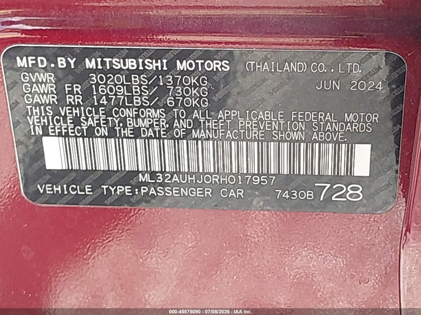 2024 Mitsubishi Mirage VIN ML32AUHJ0RH017957 IAAI salvage auction — FRONT END, Enterprise Vehicles Clear Only (South Carolina), sold $2,650 on 2026-07-16 (photo 9)