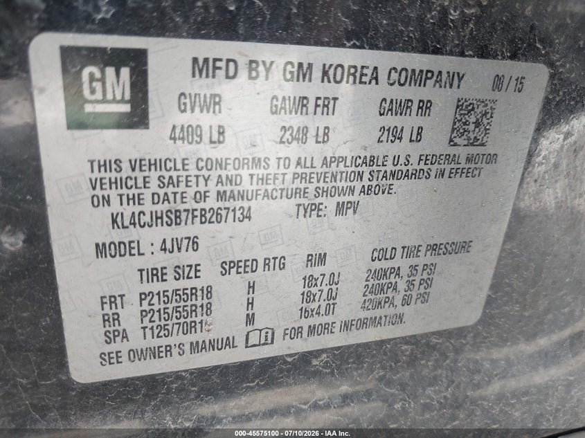 2015 Buick Encore VIN KL4CJHSB7FB267134 IAAI salvage auction — FRONT END, Mv-907A (New York), sold $1,250 on 2026-08-20 (photo 9)