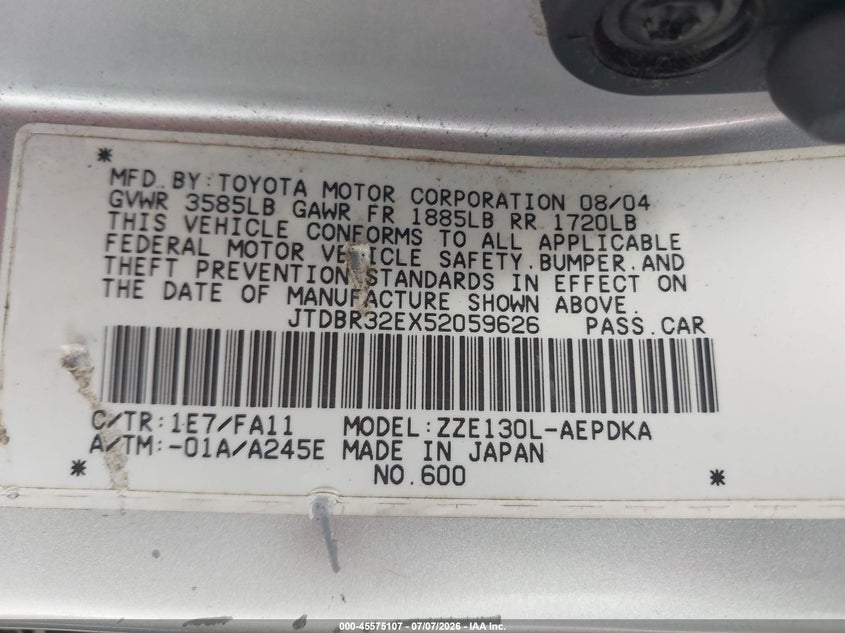 2005 Toyota Corolla VIN JTDBR32EX52059626 IAAI salvage auction — NORMAL WEAR, Clear (Florida), sold $1,000 on 2026-07-23 (photo 9)